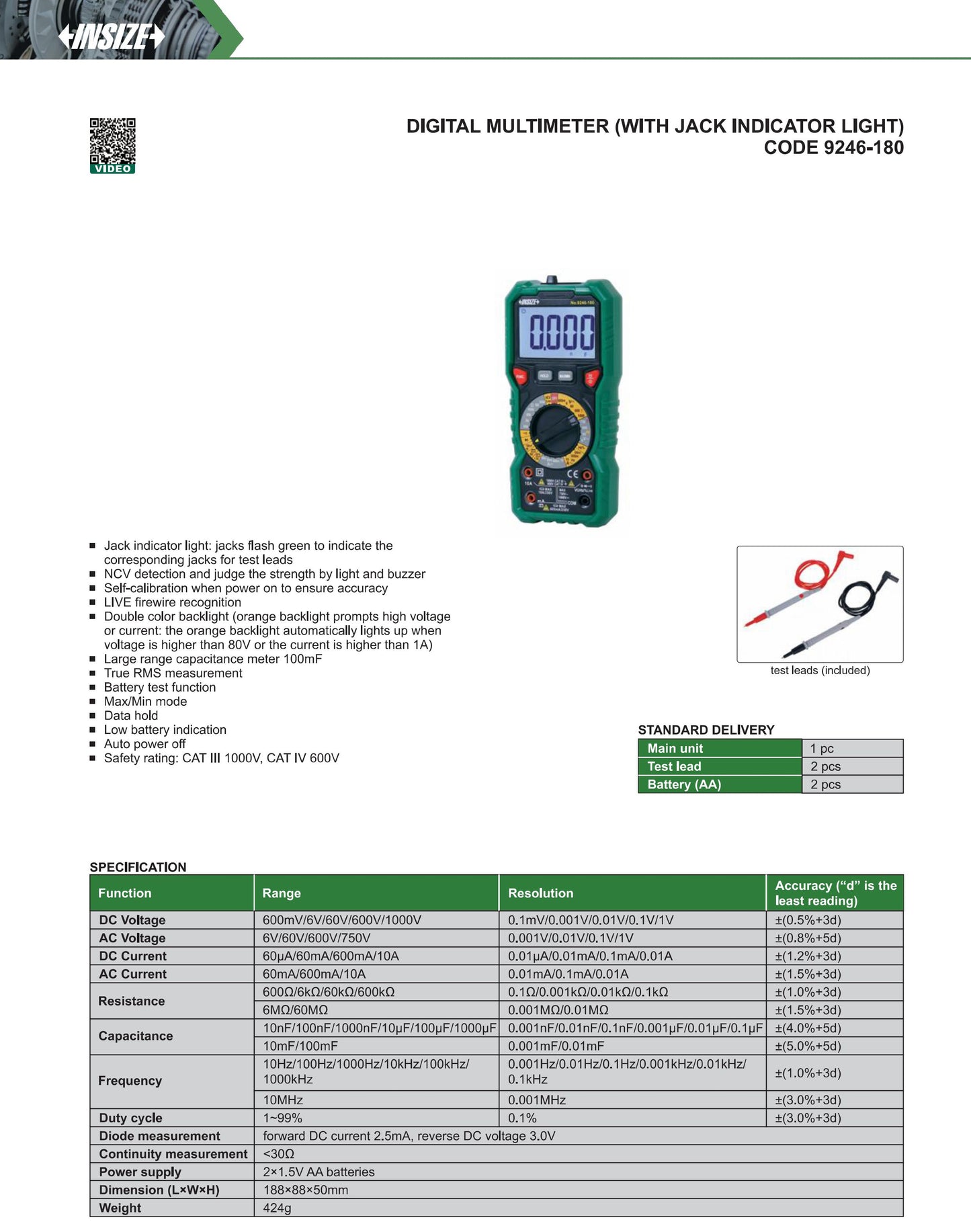 Insize Digital Multimeter ( with Jack Indicator Light ) 9246-180