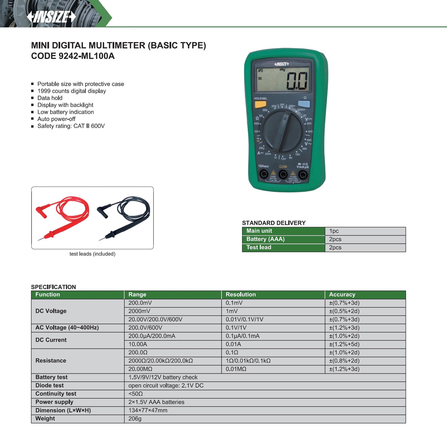Insize Mini Digital Multimeter (Basic Type) 9242-ML100A