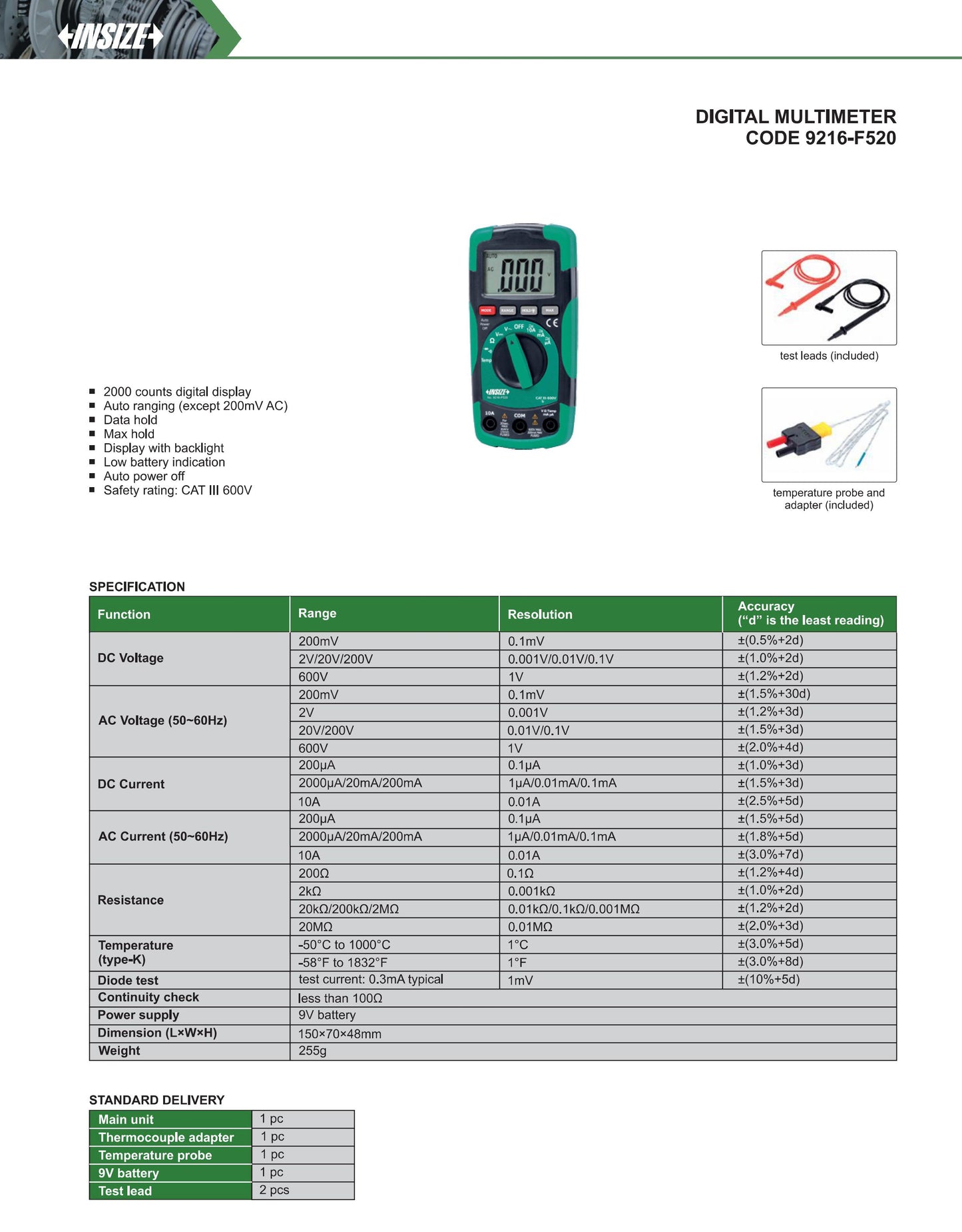 Insize Digital Multimeter with 2000 Counts Digital Display, 9216-F520